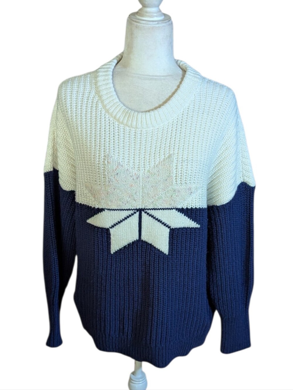 Lands' End Cream Navy Colorblock Star Winter Chunky Crewneck Sweater Sz L